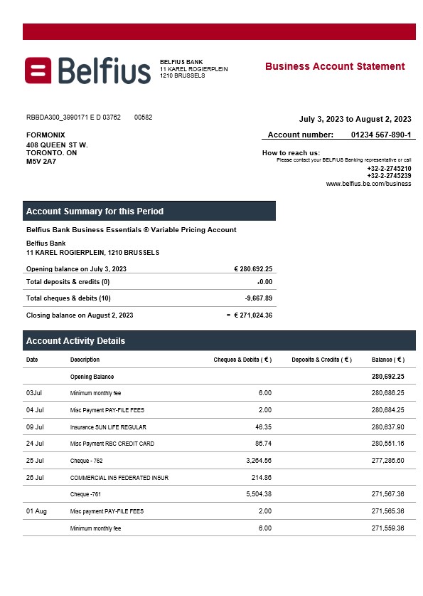 Modèle Word et PDF de relevé d'entreprise de Belfius Banque
